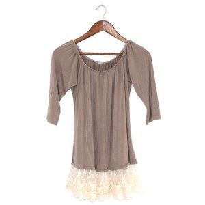 Brown Boho Shirt Dress w/ Lace Trim